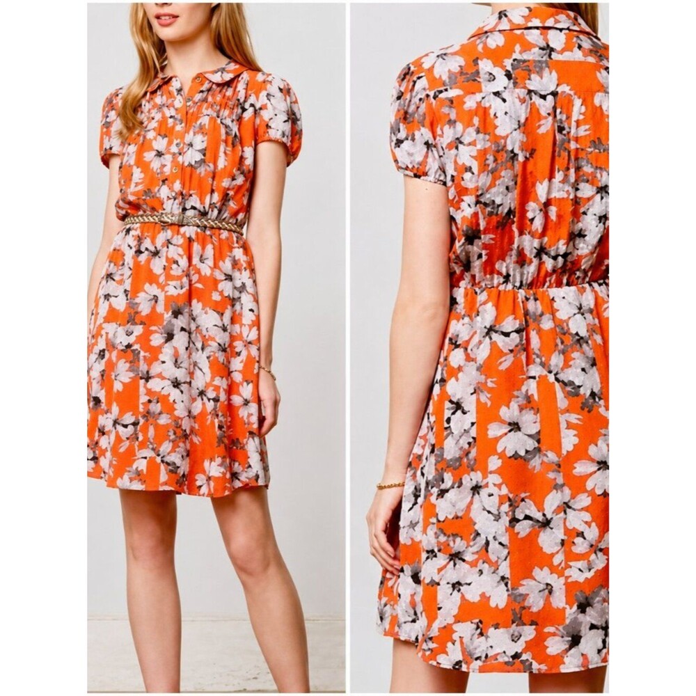 Anthropologie Maeve Floral Spectrum Silk Shirt Dress Orange Gray Women Size 4